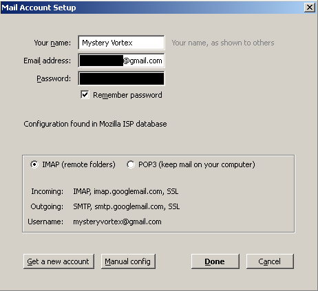 Thunderbird mail account setup Dialog