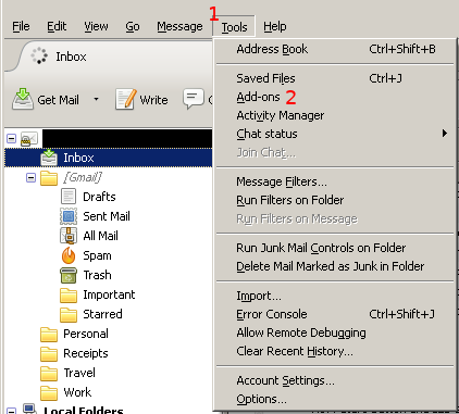 Thunderbird tools menu