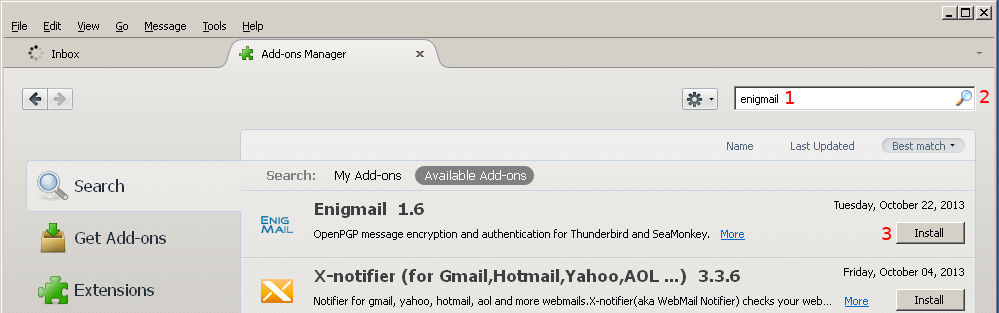 Thunderbird Add-ons window
