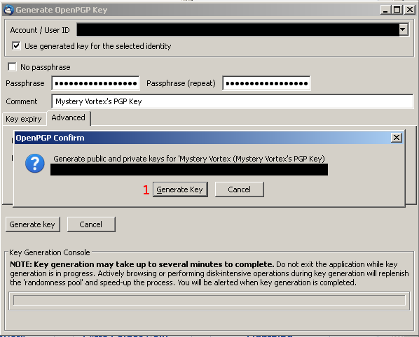 Thunderbird OpenPGP key generation confirmation dialog