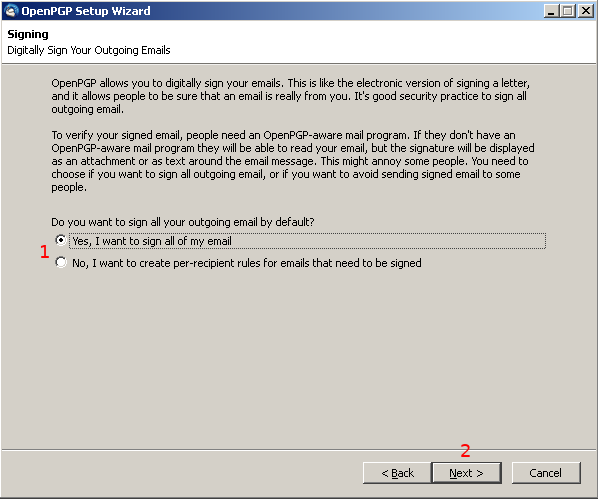 Thunderbird PGP setup wizard signing dialog