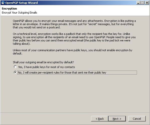 Thunderbird openpgp wizard encrypt by default dialog
